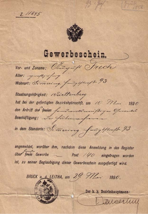 Hutmacher Gewerbeschein 1890